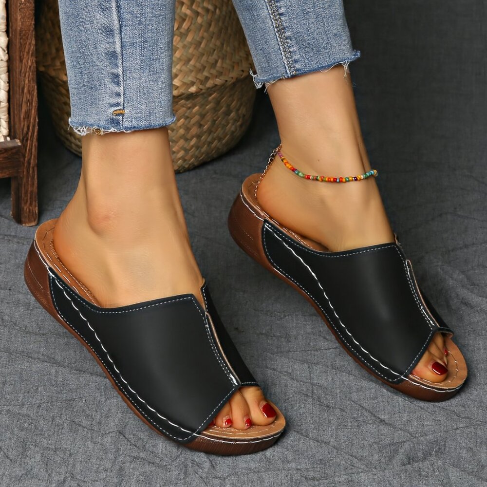 Black Slip-On Open Toe Sandals – Casual Comfort Wedge Slides